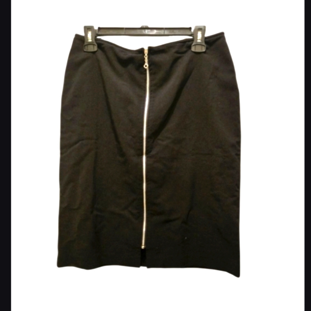 Vintage Y2K Pencil Midi Skirt 28 Black Silver Zipper Pull Front Office Siren
